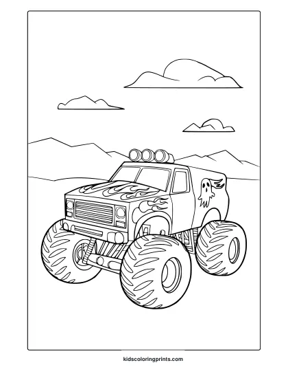 Grave Digger Monster Truck With Flame And Ghost Design, Spooky And Adventurous Coloring Page For Kids.