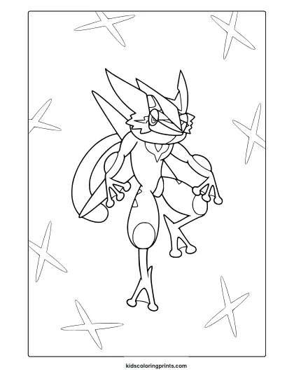 Greninja With Sharp Lines And Geometric Flow On A Unique Pokémon Coloring Page.
