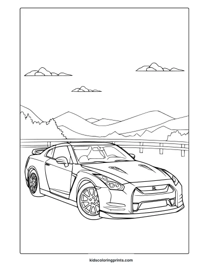 A Gtr Sports Car On A Road With Rolling Hills, A Sleek Gtr Coloring Page.
