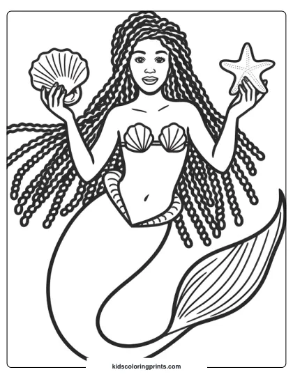 Halle Bailey Mermaid Swimming Underwater With A Seashell And Starfish In This Beautiful Coloring Page.