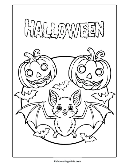 Halloween Bat Coloring Page With Central Cartoon Bat, Smiling Pumpkins And Spooky “Halloween” Text Above.