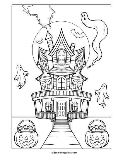 Halloween Haunted House Coloring Page With Victorian House, Ghosts, Bats, Moon And Pumpkin Candy Baskets.