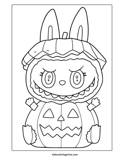 Labubu In A Pumpkin Costume With Bunny Ears And Toothy Grin In A Halloween Coloring Page.