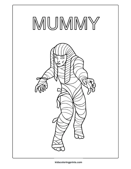Halloween Mummy Costume Coloring Page With Wrapped Cartoon Mummy, Egyptian Headdress And Bold “Mummy” Text.