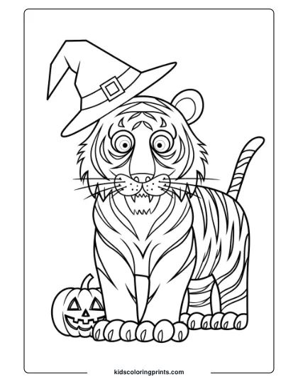 Halloween Tiger Coloring Page Featuring A Tiger In A Witch’s Hat With A Carved Pumpkin Nearby.