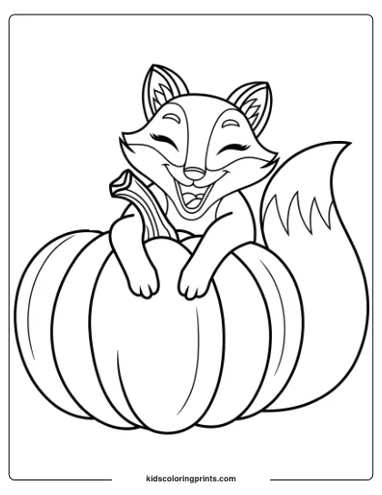 Fox Coloring Page Of A Happy Fox Hugging A Pumpkin, Ideal For Autumn-Themed Coloring And Joyful Seasonal Vibes.