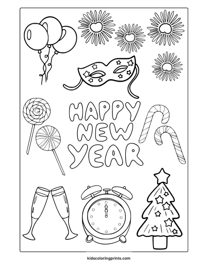 Happy New Year Coloring Page With Balloons, Mask, Lollipops, Champagne Glasses, Clock, Tree, And Candy Canes.