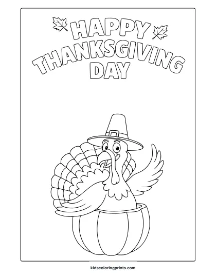 Happy Thanksgiving Turkey Coloring Page With Pilgrim Hat, Pumpkin, And Festive Text.
