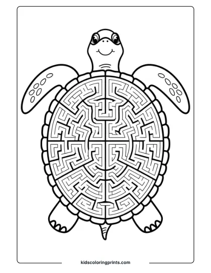 Turtle Coloring Page With A Maze Shell, Ideal For Kids And Adults Looking For A Creative Challenge.