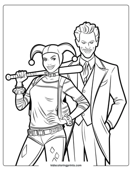 A Playful Encounter Is Depicted In This Harley Quinn And Joker Coloring Page. On The Left, Harley Quinn Is Seen In Her Jester Outfit, Holding A Bat With A Mischievous Grin, While The Joker Stands Beside Her, Smirking In A Formal Suit. Their Animated Poses Bring The Characters' Energy To Life.