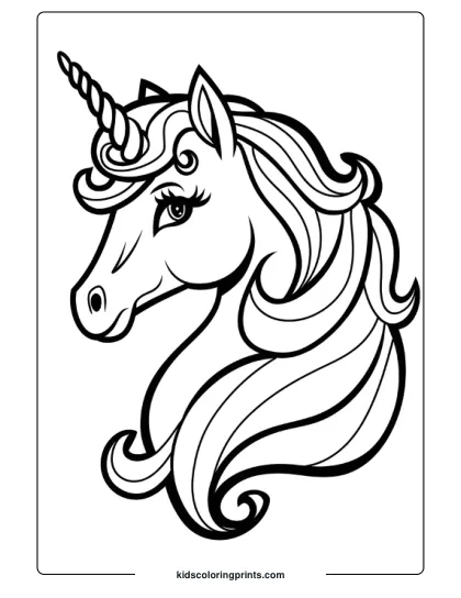 A Detailed Black And White Illustration Of A Unicorn. The Unicorn Has A Prominent Horn Extending From Its Forehead, A Pair Of Expressive Eyes, And Wavy Mane Flowing Gracefully Around Its Neck. The Design Emphasizes Intricate Details, Such As The Texture Of The Mane And The Shine On The Horn. Ideal For Detailed Unicorn Head-Themed Unicorn Coloring Pages.
