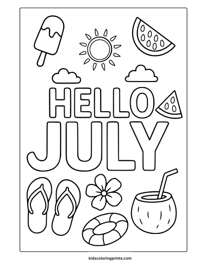 &Quot;Hello July&Quot; Coloring Page With Ice Cream, Sun, Flip-Flops, And Water Float Doodles.