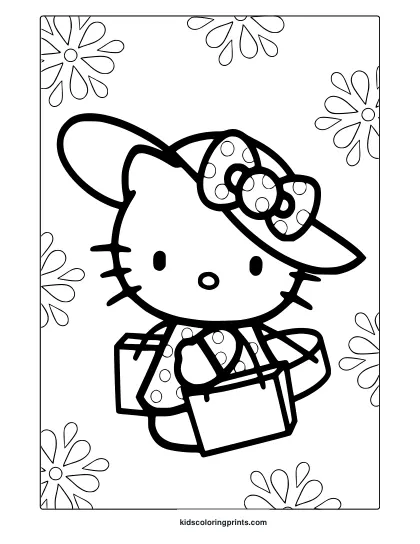 Hello Kitty Coloring Page With Shopping Scene And Floral Details, Designed For Older Kids And Adults.