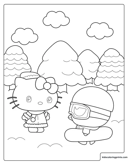 Hello Kitty And Badtz-Maru Coloring Page In Winter With Snow And Trees