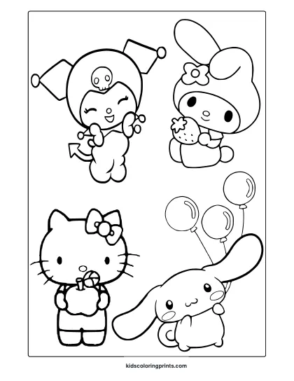 Coloring Page With Hello Kitty, Kuromi, My Melody And Cinnamoroll In A Cute Group Layout With Clean Outlines.