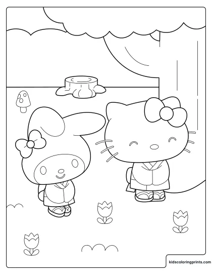 Hello Kitty And My Melody Coloring Page Wearing Kimonos In A Garden