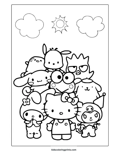 Coloring Page With Hello Kitty, Pompompurin, Cinnamoroll And Chococat In A Layered Group Scene.