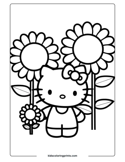 Hello Kitty In A Field Of Sunflowers, Surrounded By Tall Blooms On This Cheerful Coloring Page.