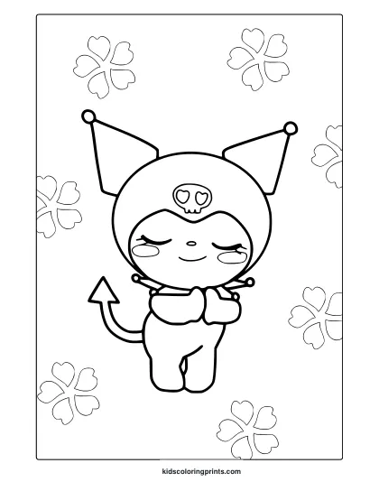 Kuromi Coloring Page With Floral Background And Calm Pose In Bold Black Outlines.