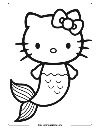 Hello Kitty Mermaid Swimming Gracefully With A Bow And Detailed Scales In This Black And White Coloring Page.