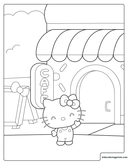 Hello Kitty Coloring Page Standing At A Cafe Entrance