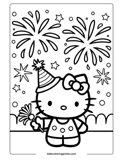 Hello Kitty On New Year's Eve With Fireworks, Stars, And A Party Hat In This Festive Coloring Page.
