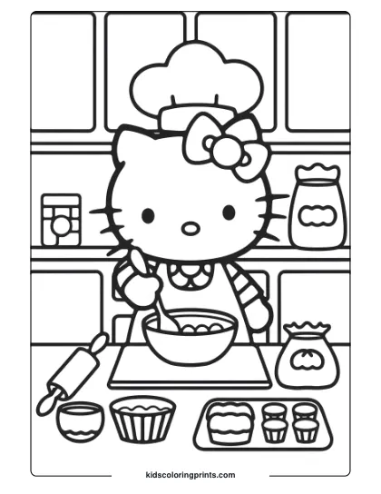 Hello Kitty Bakes Treats In The Kitchen, With A Rolling Pin, Cupcakes, And Jars In This Culinary Coloring Page.