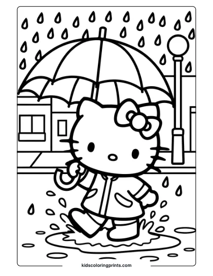 Hello Kitty Walks In The Rain With An Umbrella, Raincoat, And Boots On This Cozy Rainy-Day Coloring Page.