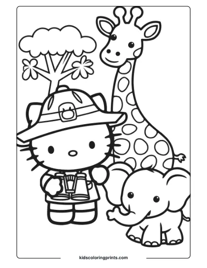 Hello Kitty Embarks On A Safari Adventure With A Giraffe, Elephant, And Savannah Landscape On This Wild Coloring Page.