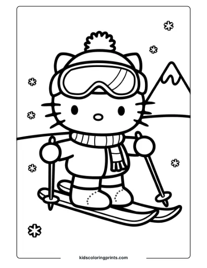 Hello Kitty On A Skiing Adventure In Winter Attire With Snowflakes And Mountains On This Sporty Coloring Page.