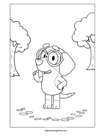 Honey From Bluey Coloring Page With Dog In Glasses Between Stylized Trees.