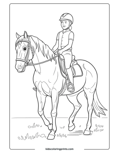 A Young Rider On A Horse, Emphasizing A Serene Riding Moment In This Fun Coloring Page.