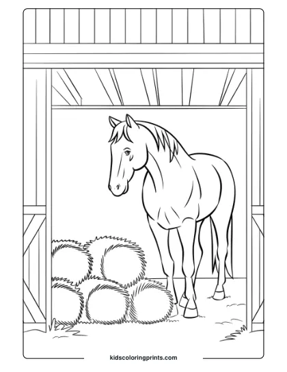 A Cozy Barn Scene With A Horse And Hay, Ideal For A Comforting Coloring Page.