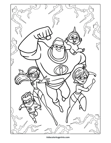 Incredibles Family Coloring Page Running Together.