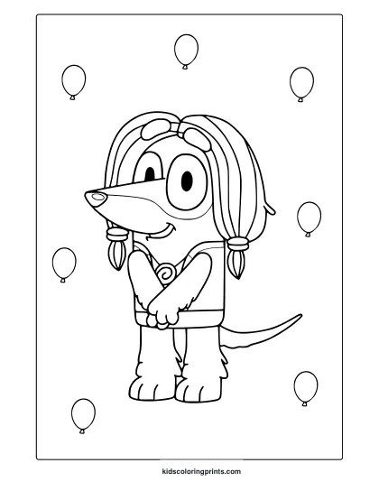 Indy From Bluey Coloring Page Featuring Balloon-Filled Background And A Cheerful Dog Character.