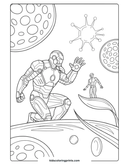 Iron Man And Ant-Man In A Cosmic-Themed Coloring Page, Highlighting The Microscopic World Concept.
