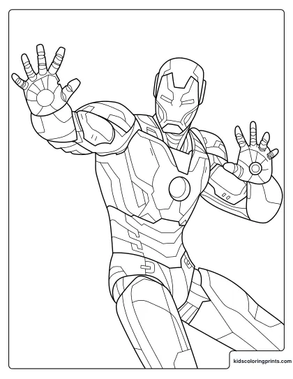 Iron Man Coloring Page Showing The Superhero Ready To Fire His Repulsor Beams.