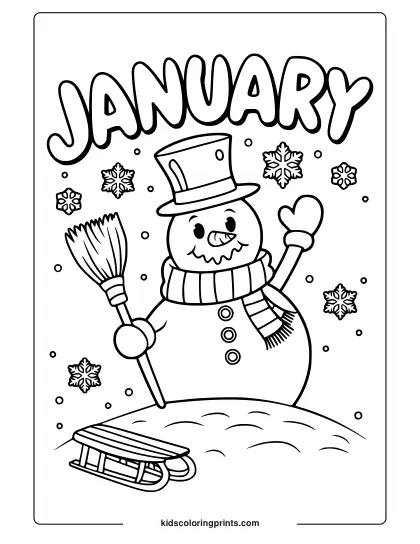 Smiling Snowman With A Sled, Broom, And “January” Text In A Snowy Winter-Themed Coloring Page For Kids.