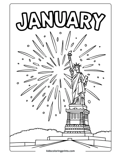 Statue Of Liberty With Fireworks And “January” Text, Celebrating New Year In This Festive Coloring Page.