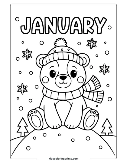 Polar Bear In Winter Clothes Sitting On Snow With “January” Text And A Snowy Background Coloring Page.