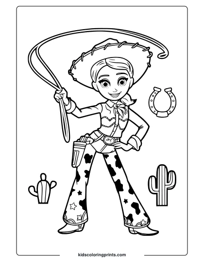 A Jessie Toy Story Coloring Page Featuring The Cowgirl With A Lasso, Cacti, And A Horseshoe In A Desert Scene.