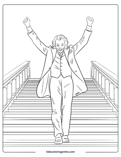 In This Joaquin Phoenix Joker Coloring Page, The Figure Is Dressed In A Formal Suit With A Long Coat And Theatrical Makeup Reminiscent Of A Clown. He Stands Atop A Set Of Stairs, Raising His Fists In Triumph. The Dramatic Pose And The Contrast Between The Figure And The Stark Background Command Attention.