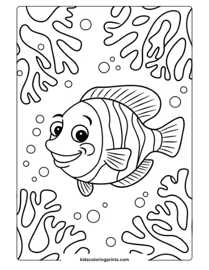 A Cheerful Fish Navigates Coral Clusters With Bubbles Surrounding, Adding Life To This Vibrant Ocean Coloring Page.