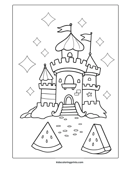 Sandcastle Coloring Page With Stars And Watermelon Slices For A Creative July Beach Scene.