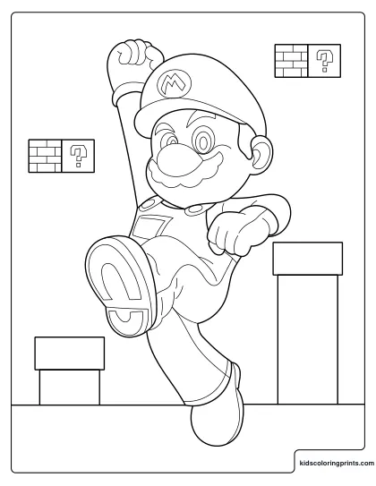 Super Mario Coloring Page With Mario Jumping Beside Classic Bricks And Pipes.