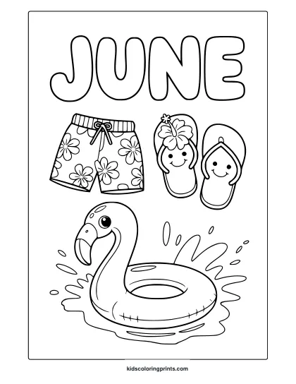 Coloring Page With &Quot;June&Quot; Text, Swimwear, Sandals, And Inflatable Flamingo For A Beach Vibe.