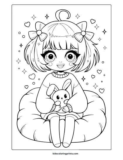 Cute Kawaii Anime Coloring Page Featuring A Chibi Girl With Wavy Hair, Hugging A Bunny Plushie, Surrounded By Hearts And Sparkles.