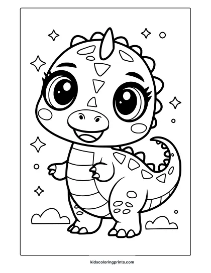 Kawaii Dinosaur Coloring Page Featuring A Cute Dinosaur With A Spiky Tail, Standing Under Clouds And Stars For A Playful Coloring Activity.