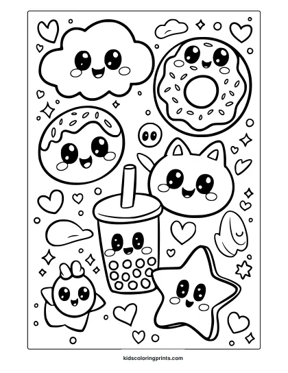 Kawaii Doodle Coloring Page With Various Cute Characters Like A Smiling Donut, Cat, Cloud, And Cup, Perfect For A Creative Coloring Session.