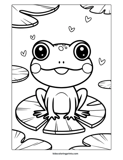 Kawaii Frog Coloring Page With A Happy Frog On A Lily Pad, Surrounded By Water Lilies And Hearts, Great For A Fun Coloring Session.